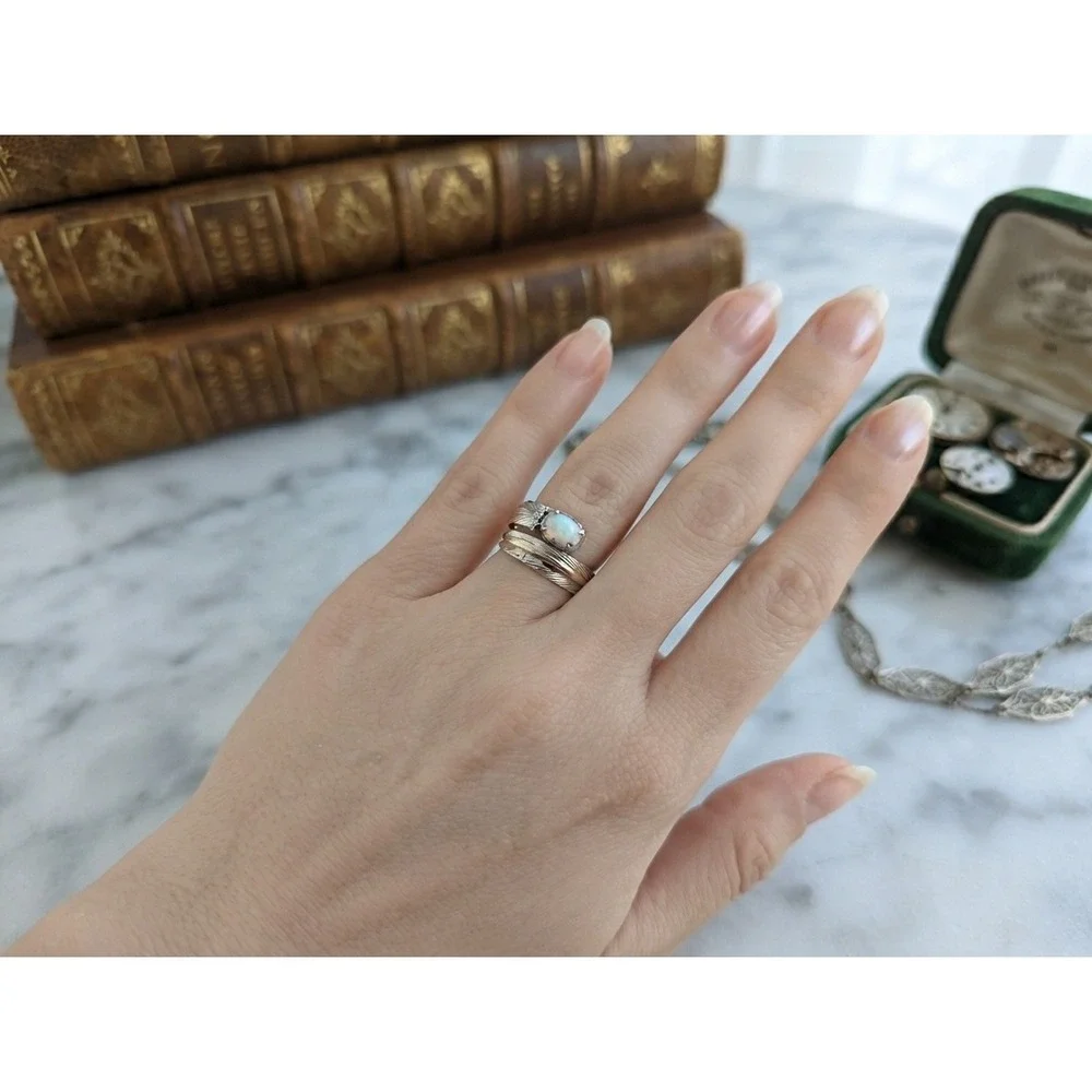 Bypass Ring with Man-Made Opal and Brass Stripe Accent NA Jewelry Sz 6US